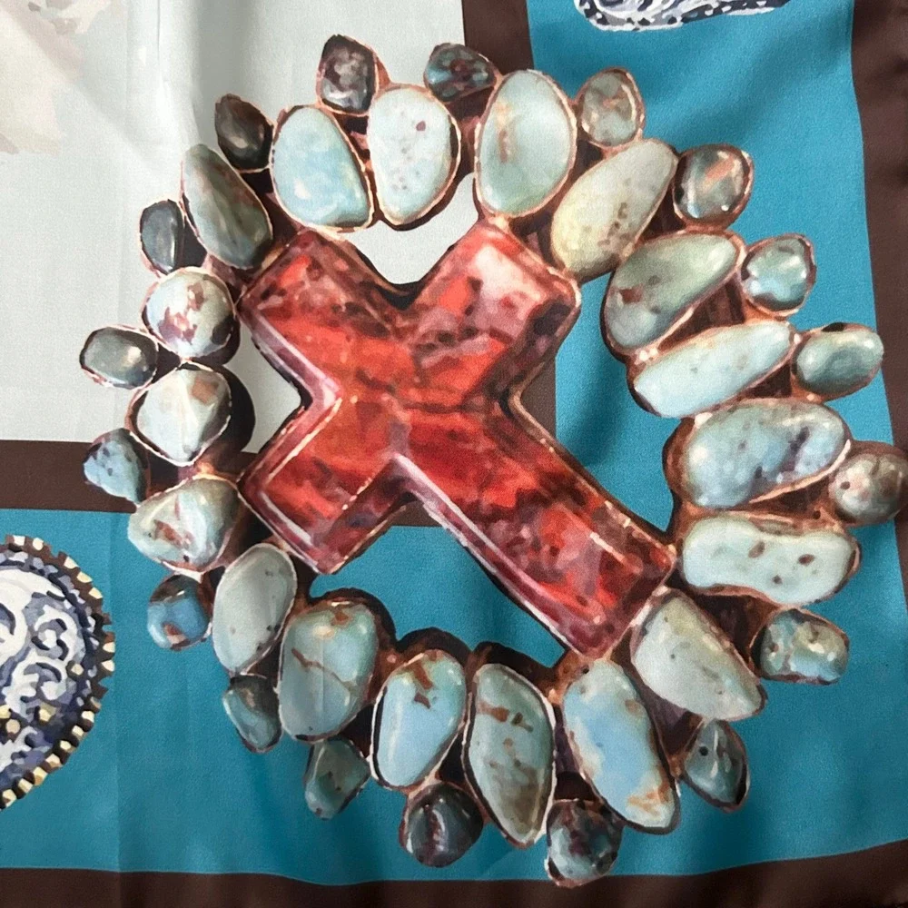 Liz Coufal Designs Scarf Silk Blend Blue Western Cowboy Boots Turquoise Cross OS